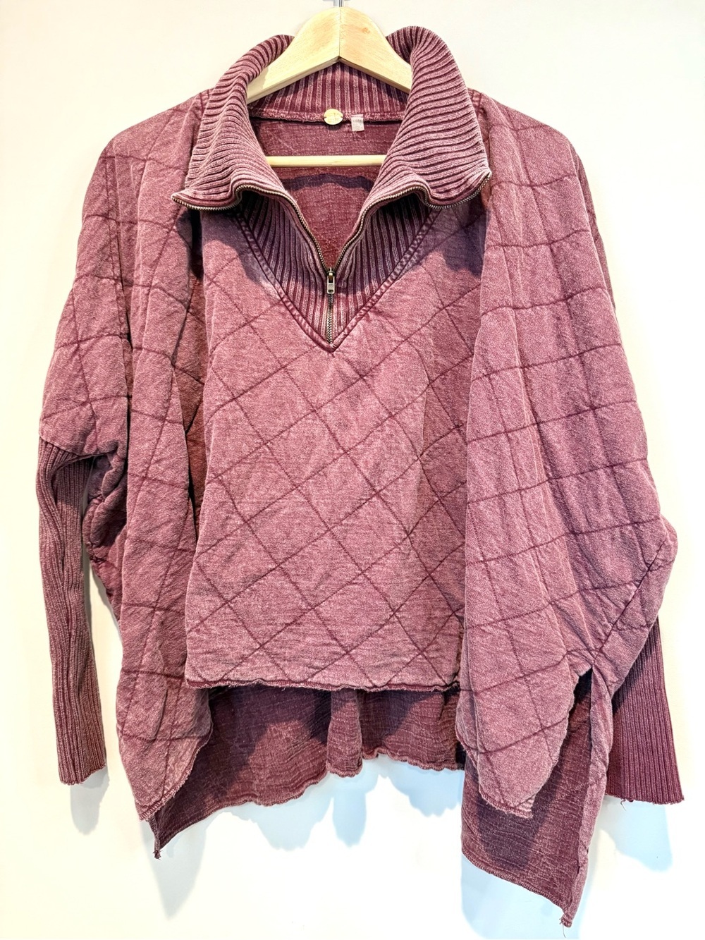 Free People FP One Shiloh Quilted Pullover Zip Up Sweatshirt - Burgundy/Plum